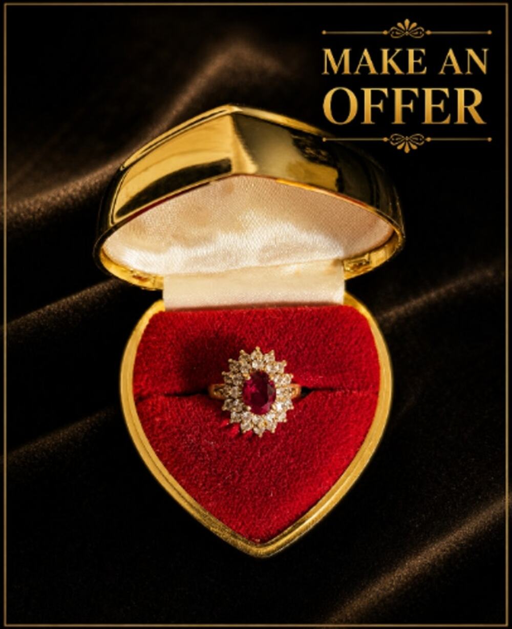 VTG Park Lane Dubonnet Ring Red Crystal & CZ Halo W/ Gold Heart Ring Box NEW NOS